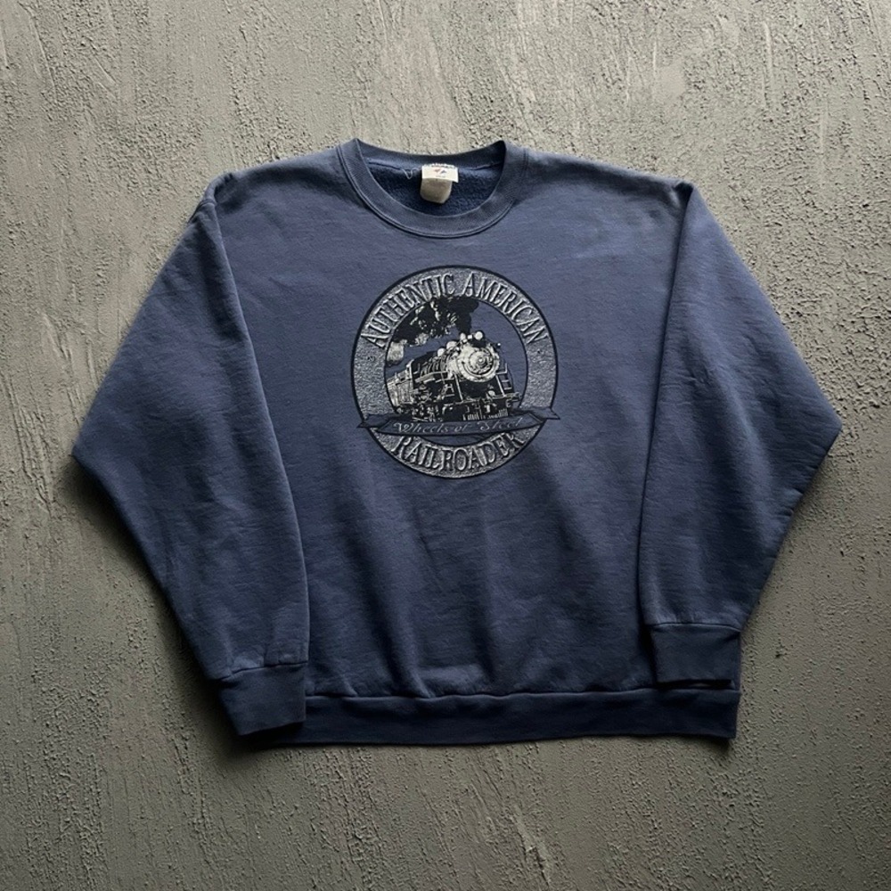 Vintage American Railroader Train Sweatshirt Large Blue 1990s